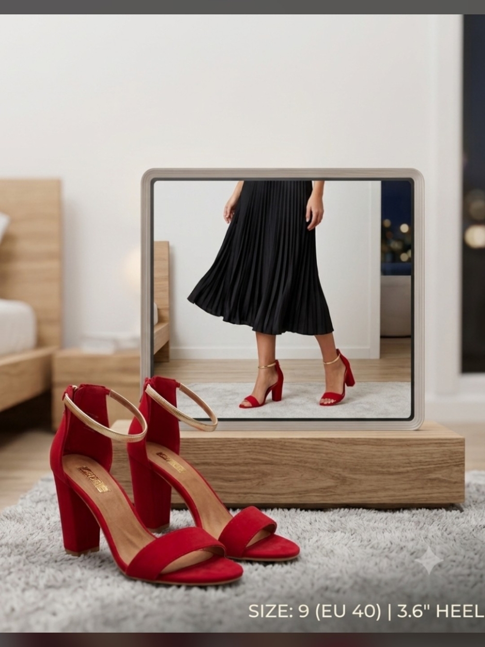 Ardene Red Suede Block Heels with Gold Ankle Strap | Brand New Size 9 (EU 40)